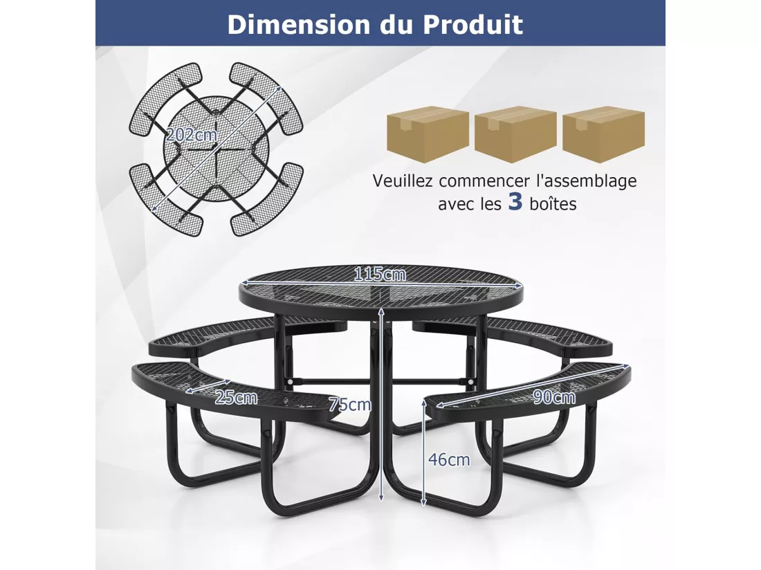 Ensemble Table de Pique-Nique Ronde avec 4 Bancs Intégrés pour 8 Personnes, Table de CamBoisg en Métal avec Sièges et Trou pour Parasol, pour Jardin Piscine, 202 x 75 cm, Noir