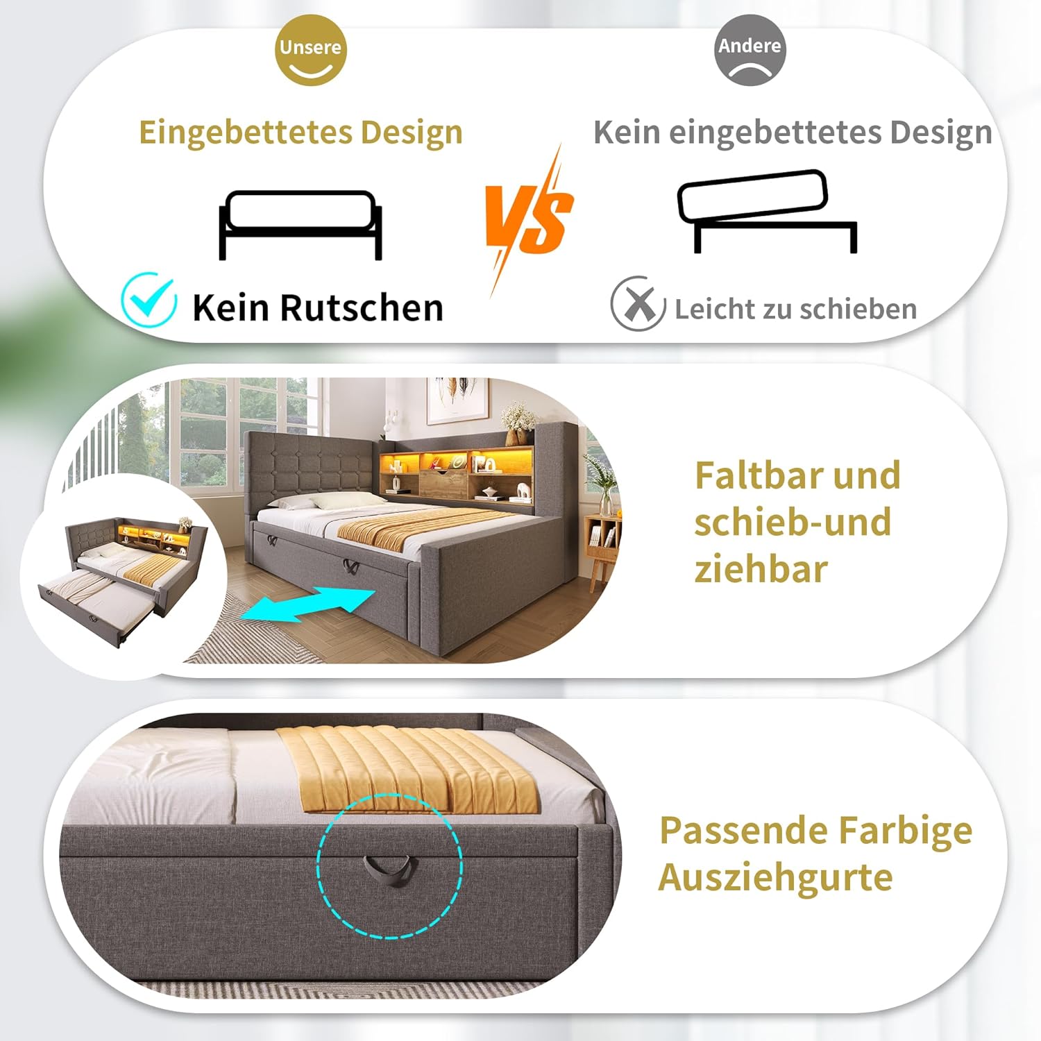 Polsterbett Bett mit LED-Beleuchtung 90x200cm, Mit Ausziehbett 90x190cm, Struraumbett, L-förmigem Kopfteil mit Stauraum, beidseitig montierbar, Lattenrost, Leinen (Grau-A)