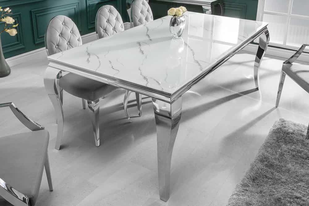 Design Esstisch MODERN BAROCK 180cm weiß chrom Glasplatte Marmor Edelstahlbeine