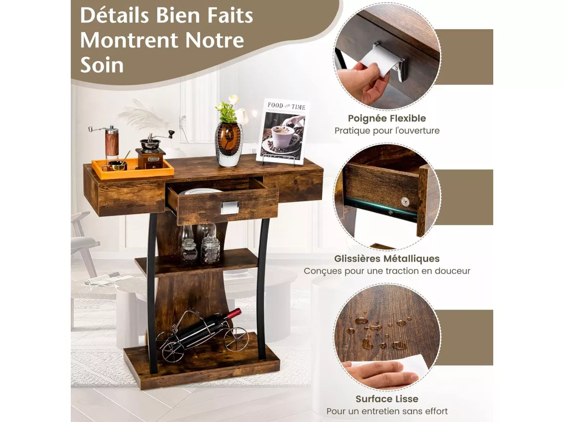 Table de Console Industrielle à 3 Étagères avec Tiroir, Meuble d'Entrée Vintage avec Dispositif Anti-Renversement 91 x 30 x 88cm (Marron)