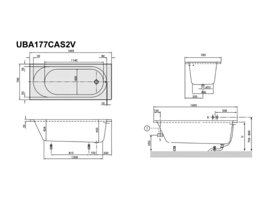 Pack baignoire 170 x 70 VILLEROY ET BOCH O Novo avec pieds et robinet