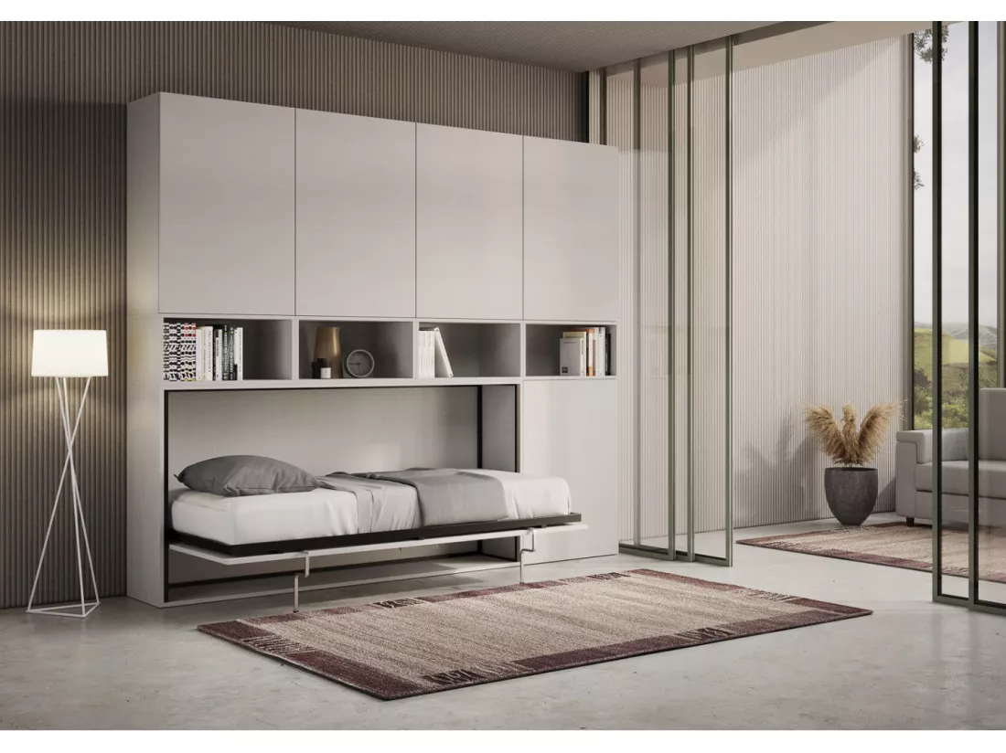 Lit escamotable horizontal blanc Bounto 85x185 avec rangement et bibliothèque composition C-