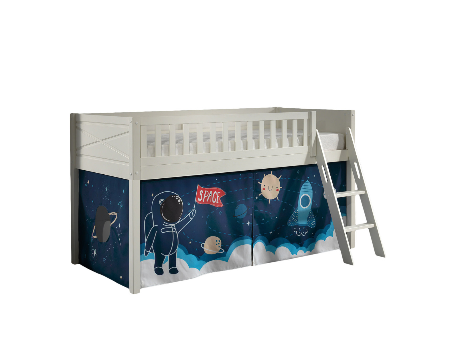 Spielbett SCOTT - weiß - Space Shuttle - mit Vorhang und Leiter - 90x200 cm