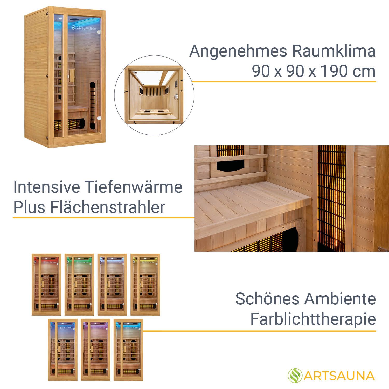 Artsauna Infrarotkabine Nyborg S90V Vollspektrumstrahler & Ambiente LED Beleuchtung – Kabine für 1