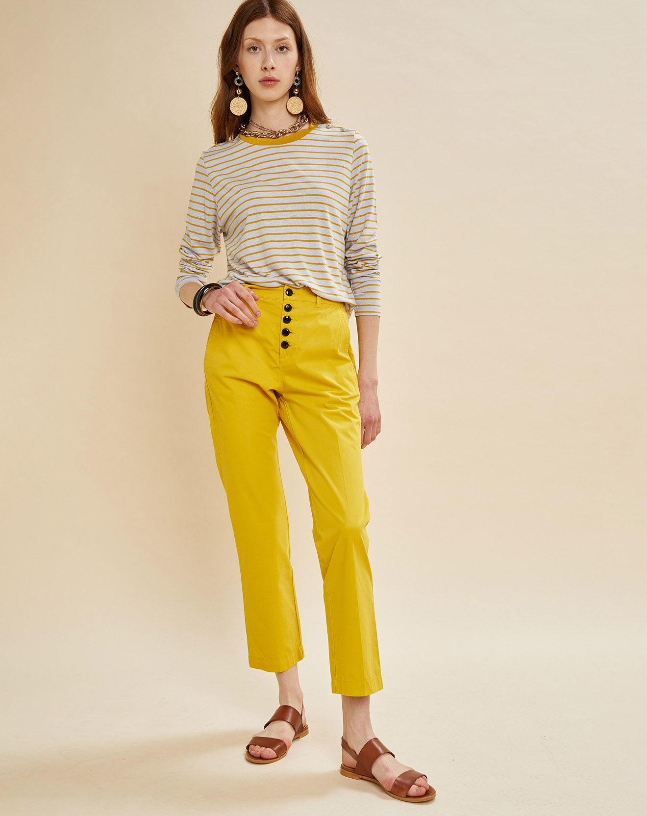 Chloé Stora T-Shirt en Lin mélangé Théodore à rayures ciel/jaune