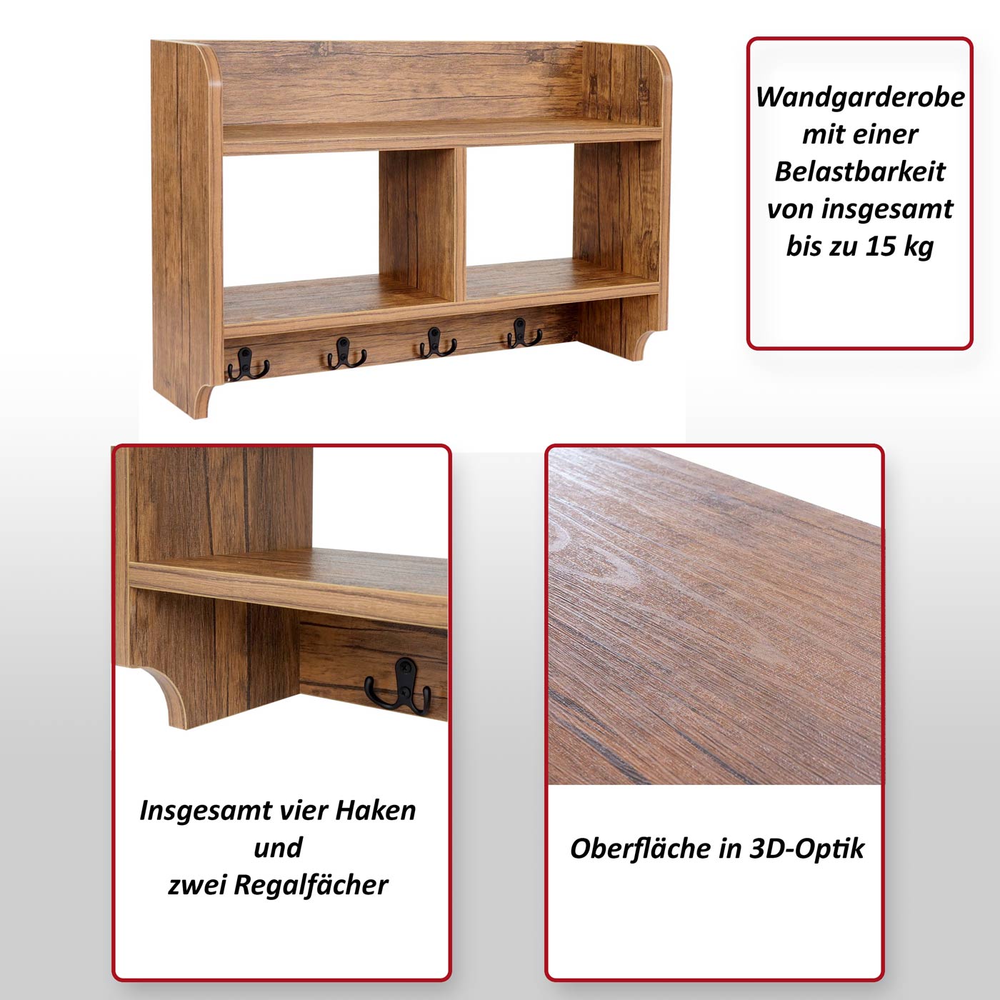 Wandgarderobe MCW-C68, Garderobe Regal, 4 Haken 2 Regalfächer, 41x60x19cm 3D-Struktur ~ Wildeiche-Optik