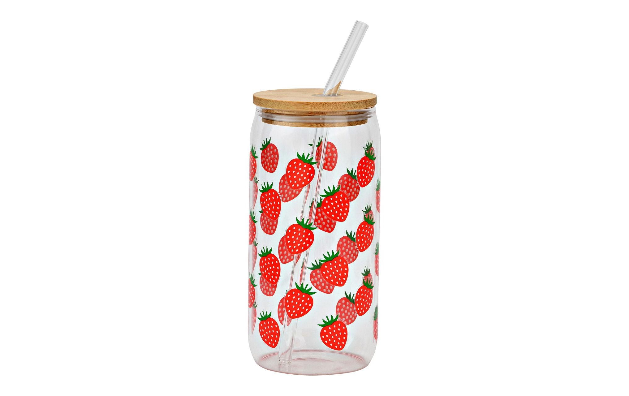Trinkglas Erdbeere 500 ml, 1 Stück, Rot/TransparentTrinkglas mit Strohhalm