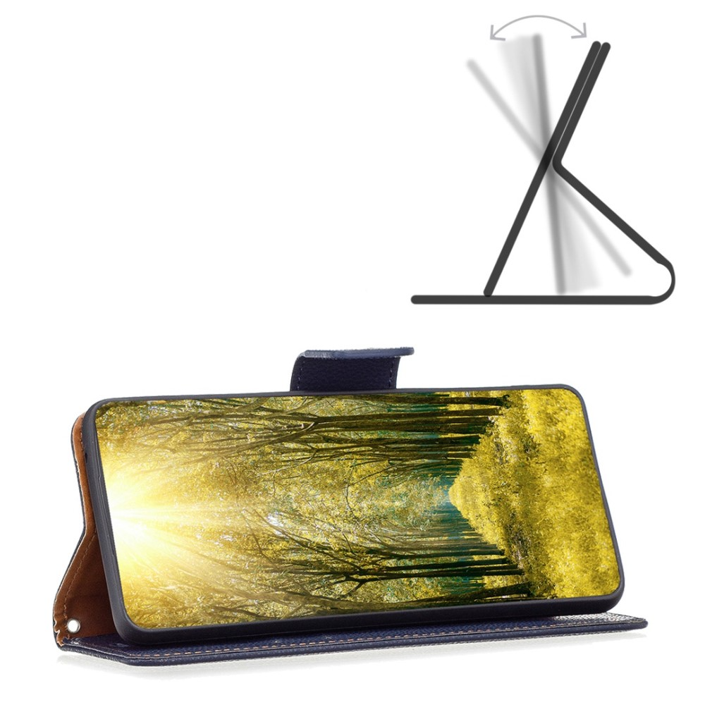 iPhone 14 Pro Leder Tasche Flip Cover im Litchi Look mit Kartenfach   Handschlaufe - Dunkelblau