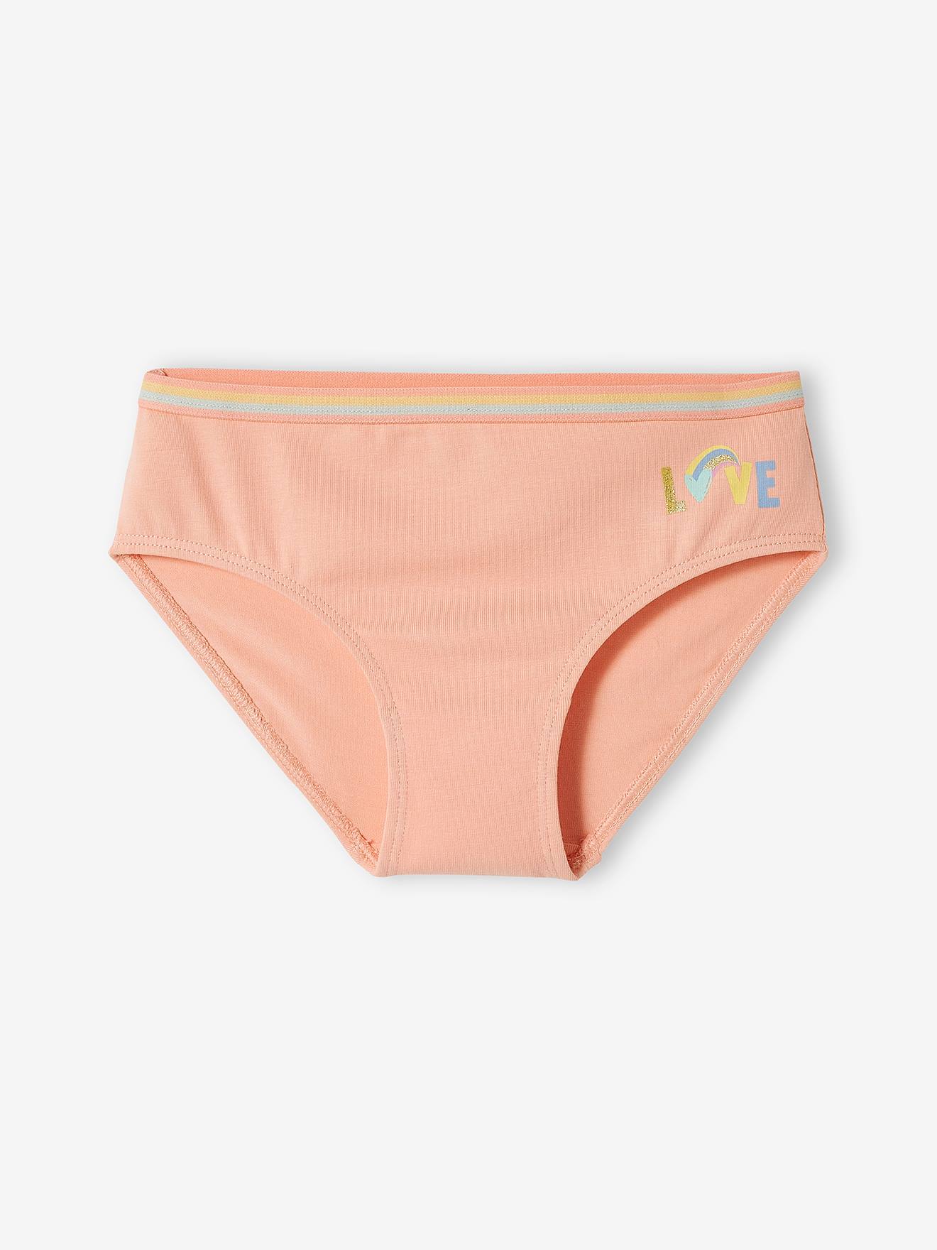Pacote com 5 calcinhas unicórnio, tamanho médio infantil, lisinhas, violeta com estampas.