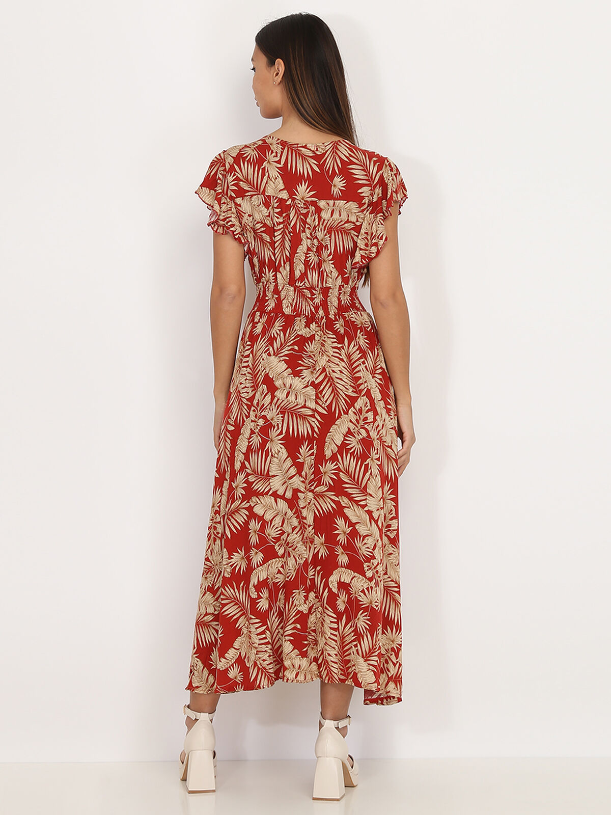 Robe mi-longue à feuilles et fente- Rouge