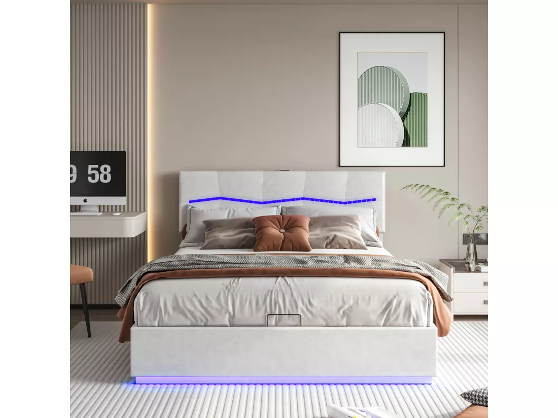 Lit coffre 160 x 200 cm avec éclairage LED et charge USB - hydraulique - Lit 2 Personnes - PU - Beige