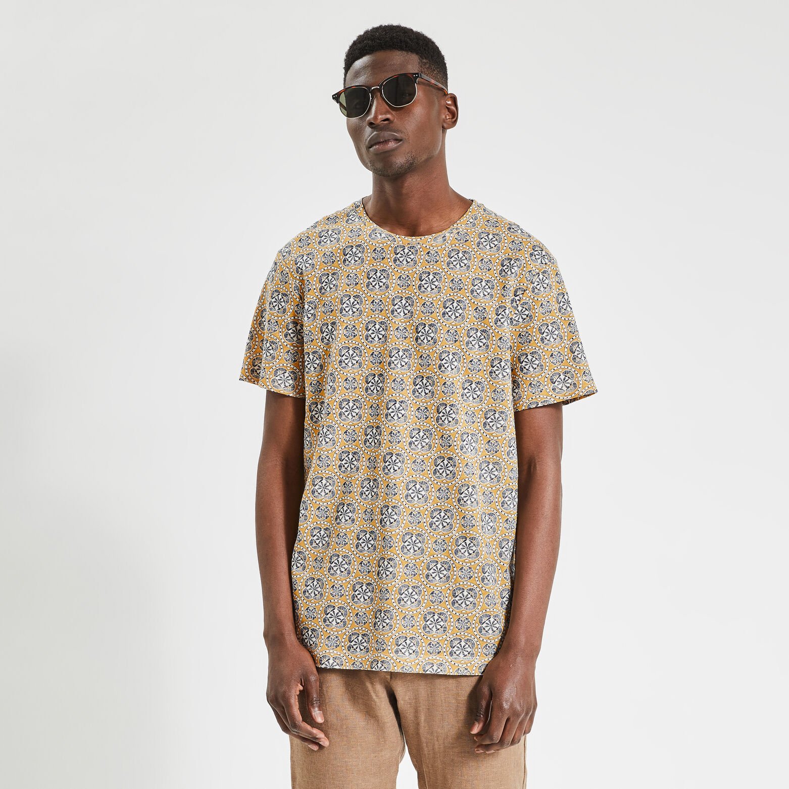 Tee shirt en coton lin imprimé Jaune foncé
