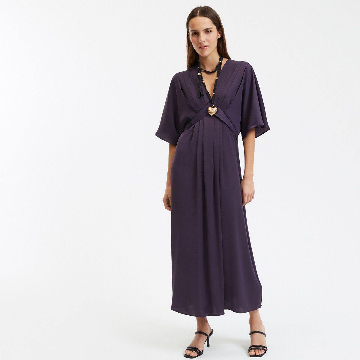COLEÇÃO LA REDOUTE<br>Vestido longo com estampa de bandeira, decote em V e mangas até o cotovelo