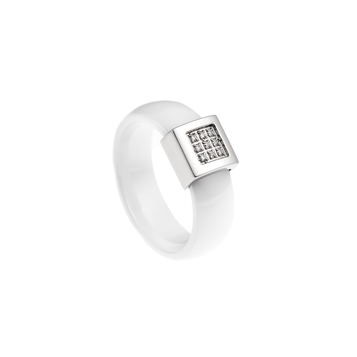 STELLA - Bague Jonc - Pure Ceramic blanche et acier - Motif Carré