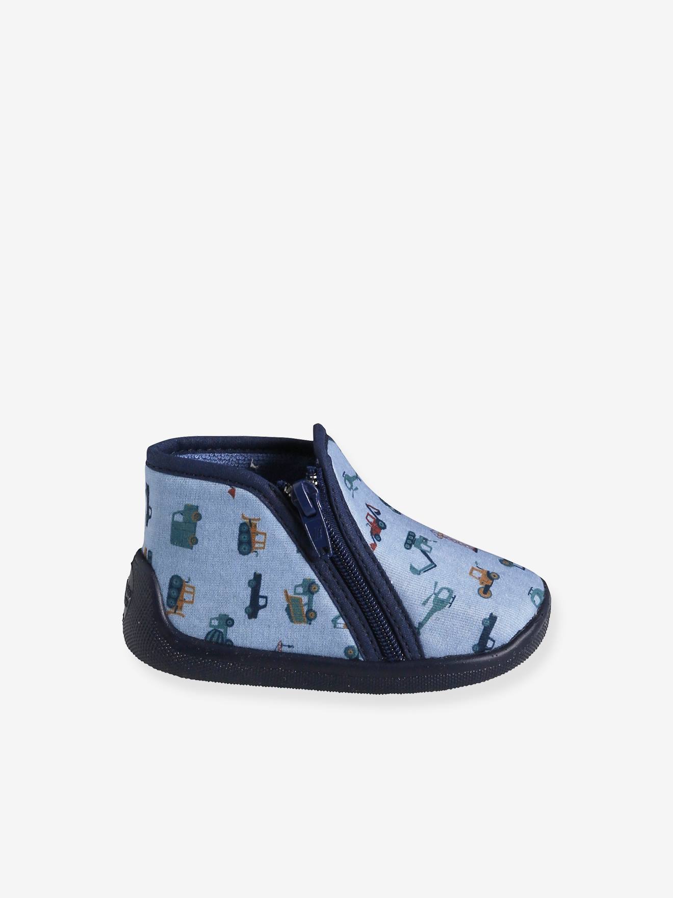 Pantufas de casa com zíper para bebês, fabricadas na França, estampa cinza.