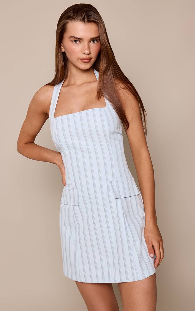Bleu Layette Robe Droite À Rayures Avec Encolure Dos-nu Et Détail De Poches