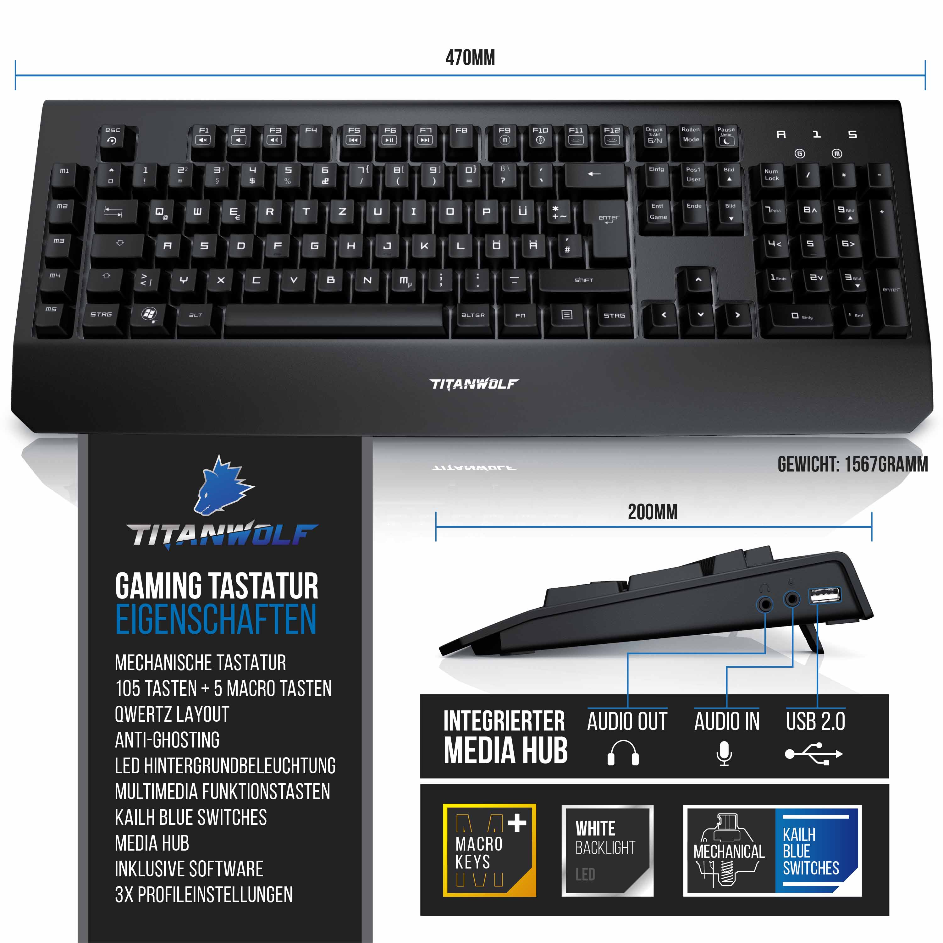 Titanwolf Mechanische Tastatur + Maus + Mauspad Gaming Bundle Enforcer Parity Gaming Set
