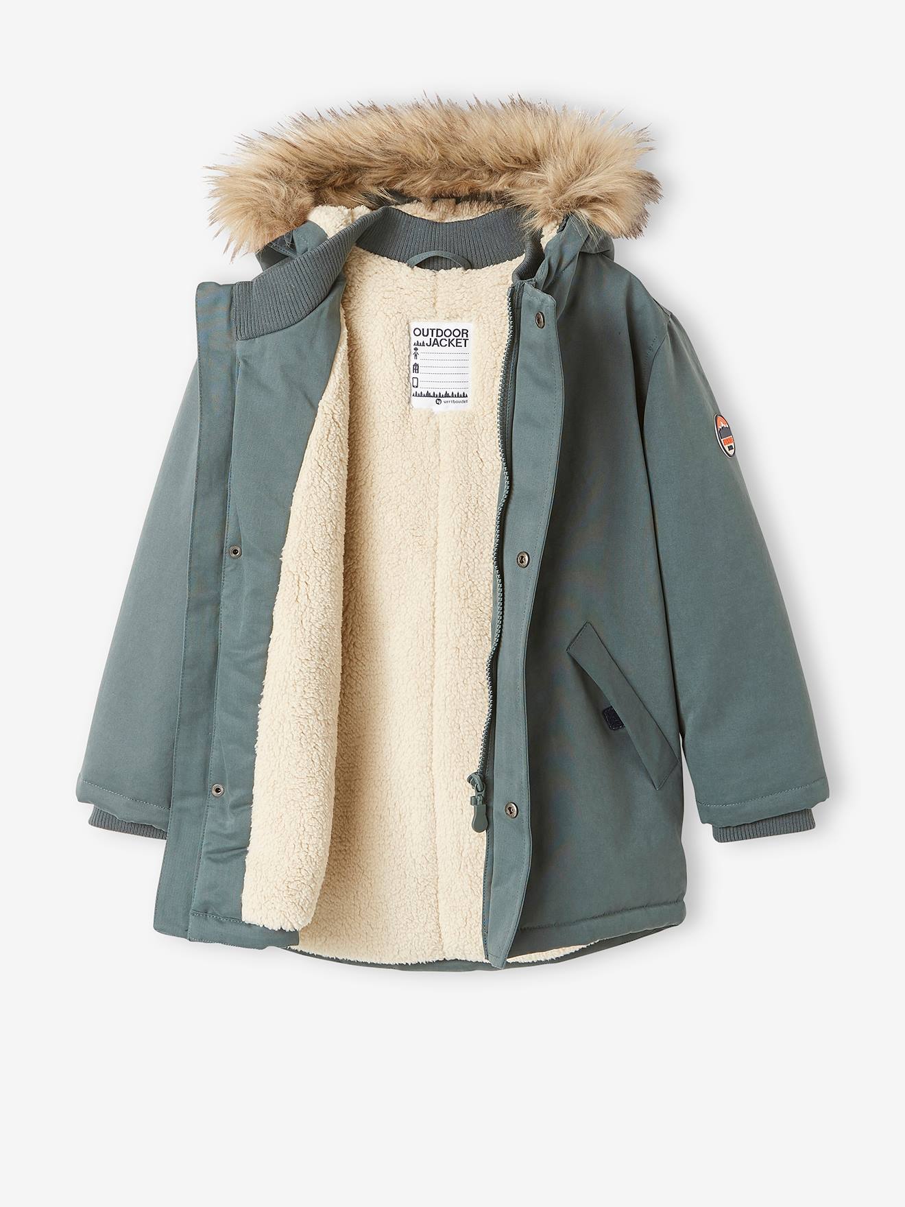 Parka com capuz e forro de sherpa, enchimento de poliéster reciclado, verde médio liso com motivos para meninos