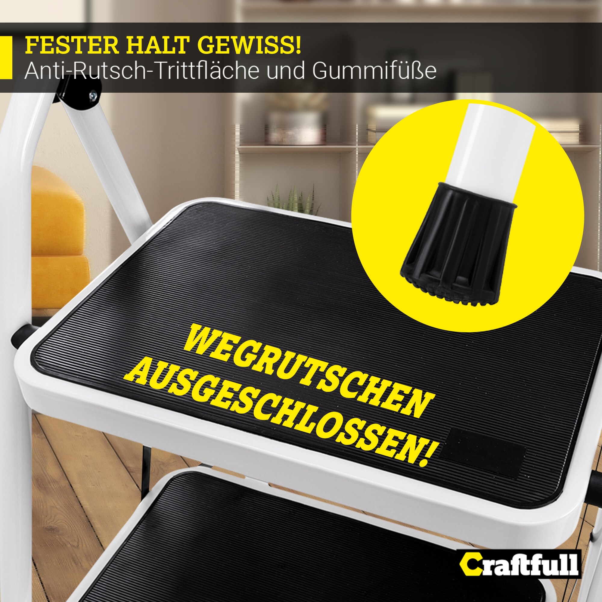 Craftfull Klapptritt CF-132A, Anti-Rutsch-Trittfläche und -füße, 2-5 Stufen, Haltebügel geschwungen (2 Stufen)