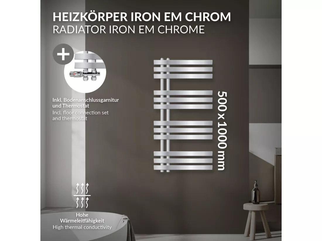 Radiateur salle de bain Iron EM 500x1000 mm avec garniture chrome raccord mural
