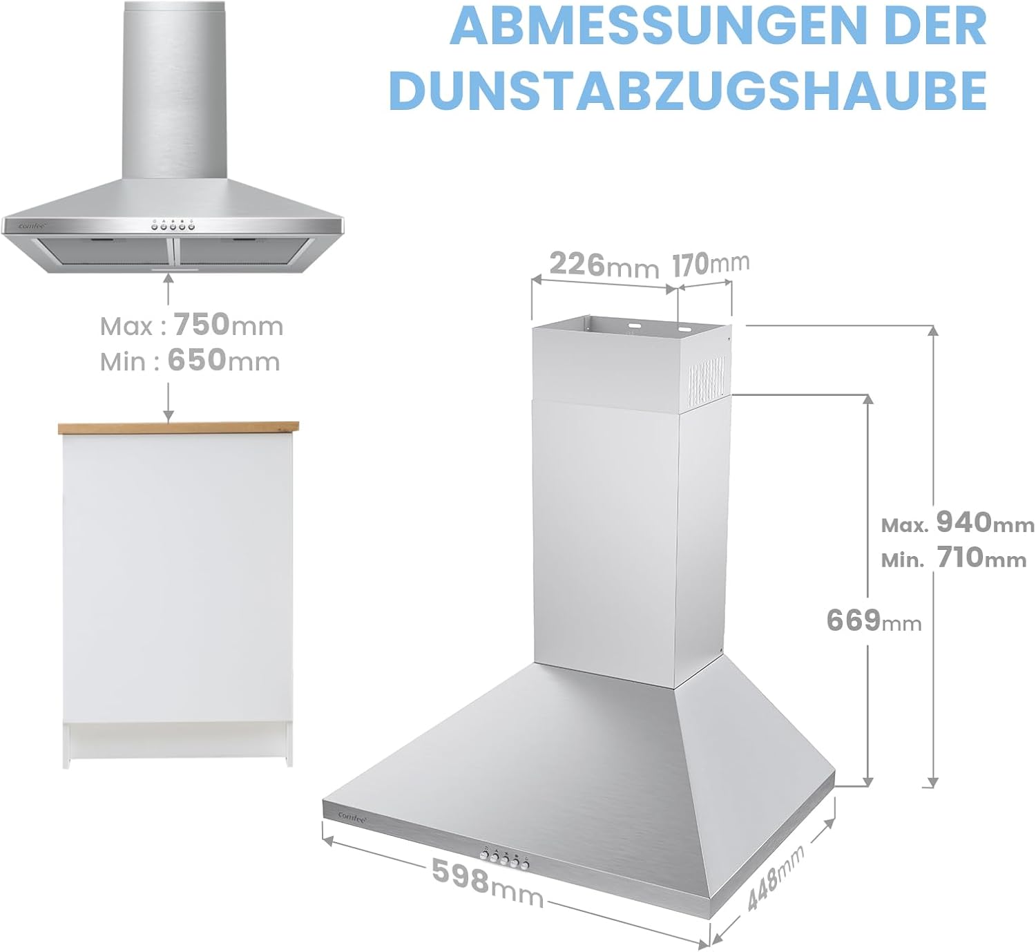 CH60A17EM400SS A++ Dunstabzugshaube 60cm Umluft & Abluft, Wandhaube mit Aktivkohlefilter, 400m³/h Luftstrom, 5 Schichten Waschbarer Fettfilter, Einstellbarer Kamin, Silber