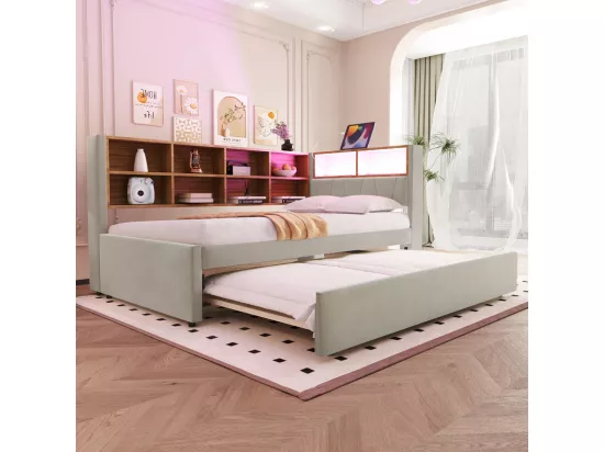 Canapé convertible 90x200 - avec lit gigogne 90x190 cm - avec prise USB - multiples rangements - lit tapissé - Gris clair (matelas non inclus)