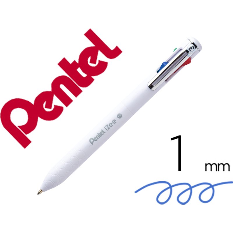 Stylo-bille pentel 4 couleurs izee retractable pointe large 1mm clip metal corps blanc