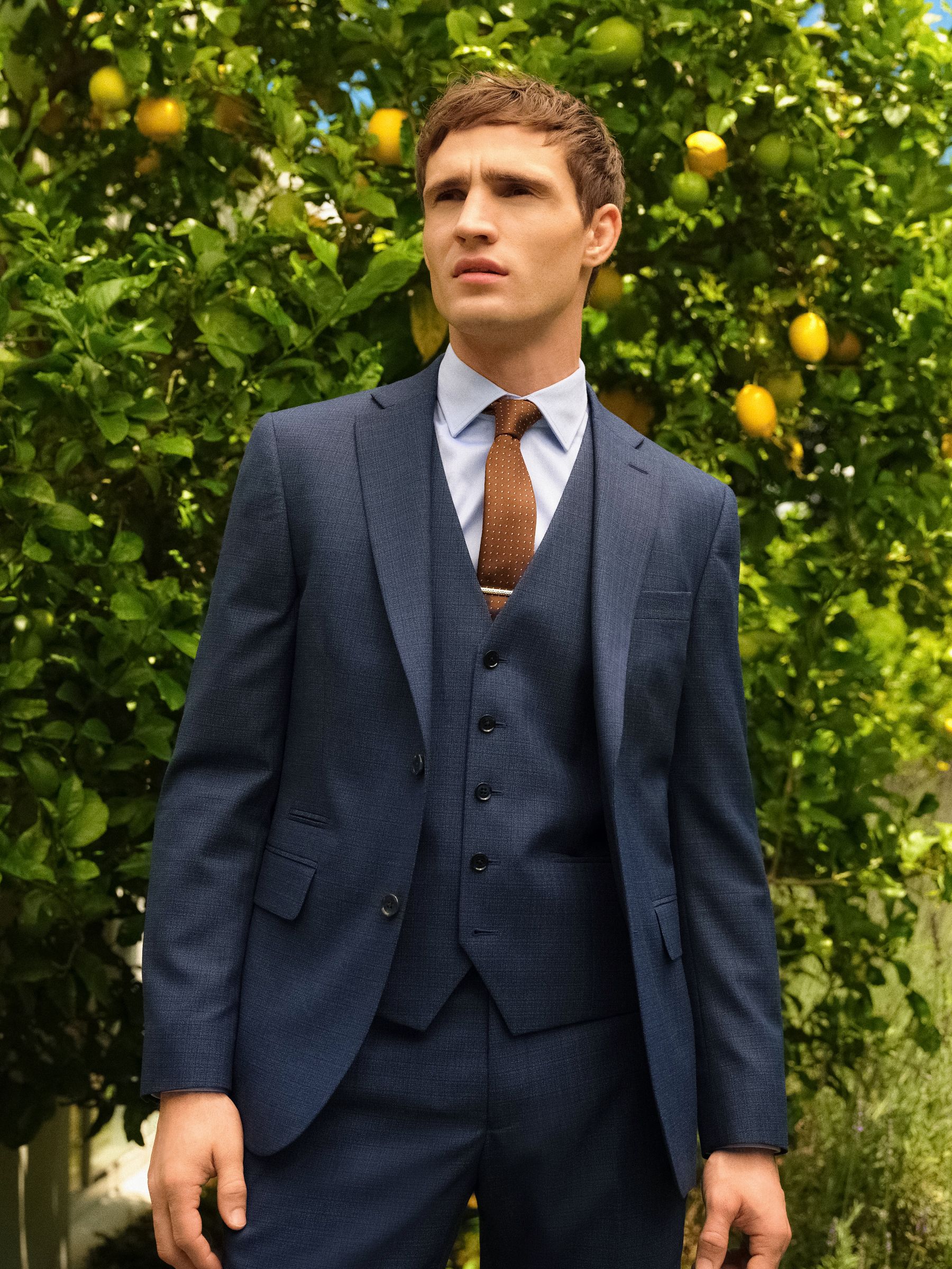 Blauw - Slim Fit - Colbert van wolmix met textuur