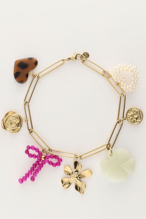 Bedelarmband met schakel en multikleur bloemen bedels