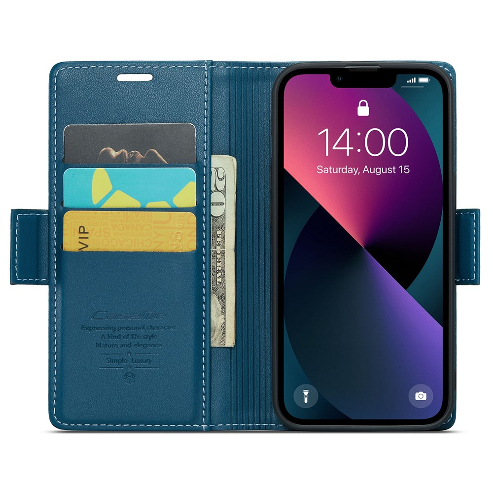 iPhone 15 Leder Tasche Flip Wallet Etui mit Kartenfächern Litchi Look (RFID Schutz) - Blaugrün