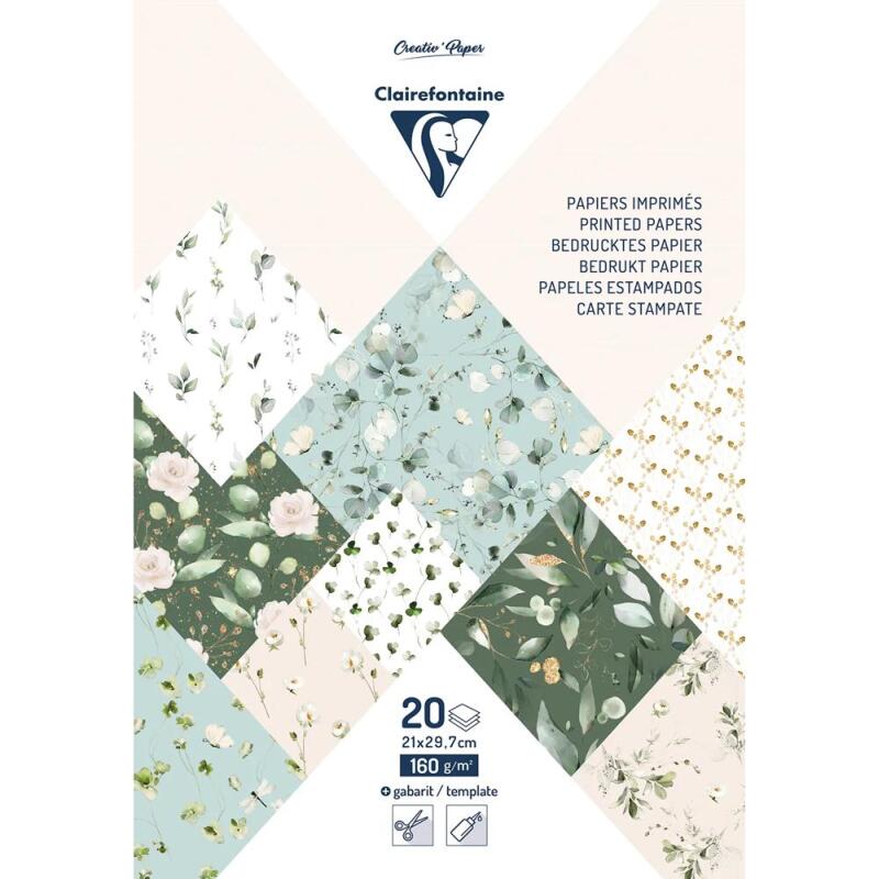 PAPIERS IMPRIMÉS, Bloc de 20 feuilles à motifs 160g/m2 au format A4 (21x29,7cm) + 1 idée créative - Romantique - Multicolore