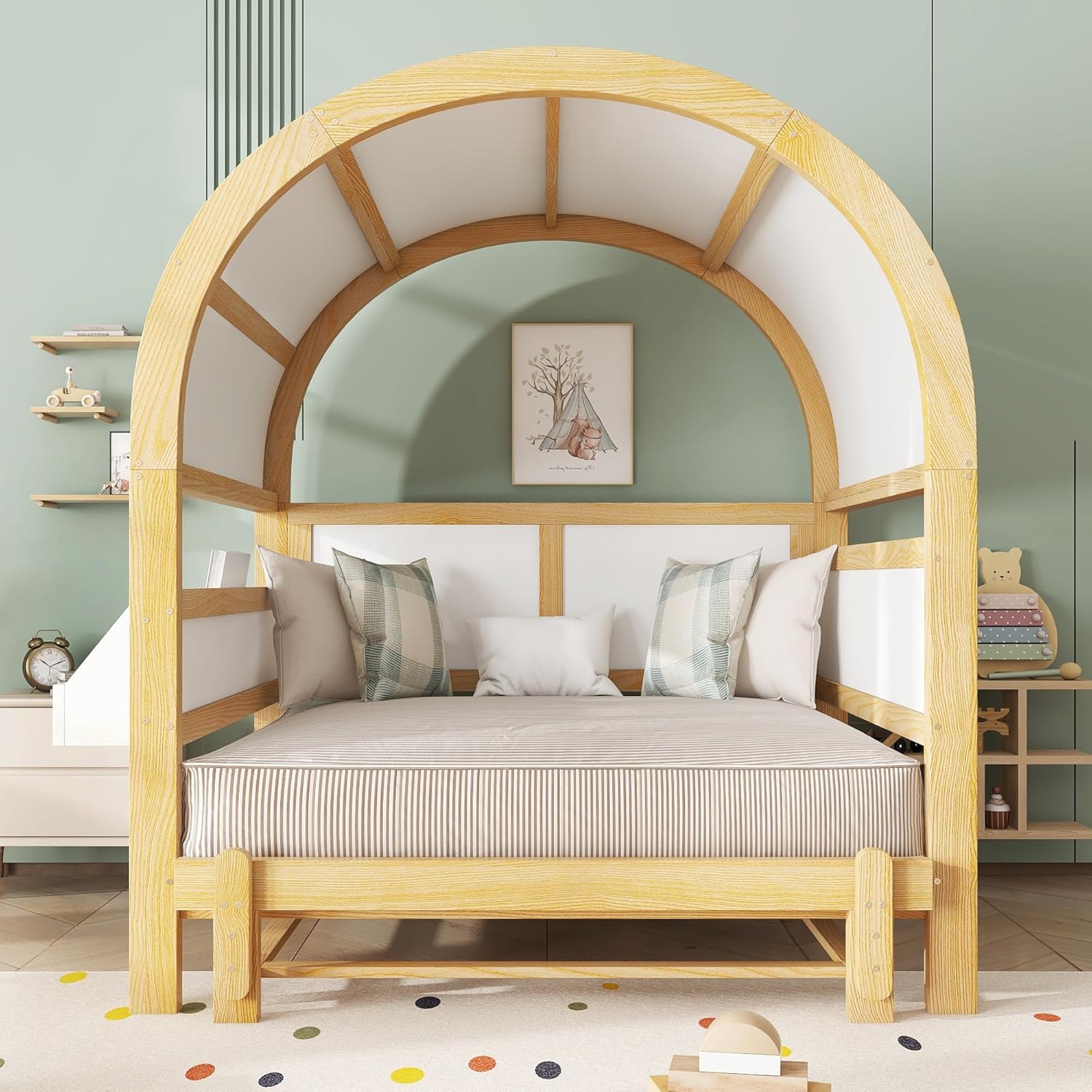 Merax Kinderbett 140x200 cm mit Ausziehbett, Gewölbtes Dachbett Hausbett, Tagesbett mit Ablagefläche, Erweiterbares Schiebebett aus Kiefer+MDF, Weiß/Natur, Stabiler Lattenrost, Ohne Matratze