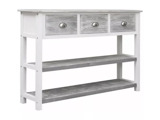 Console 3 tiroirs 2 étagères paulownia blanc et gris Amatar