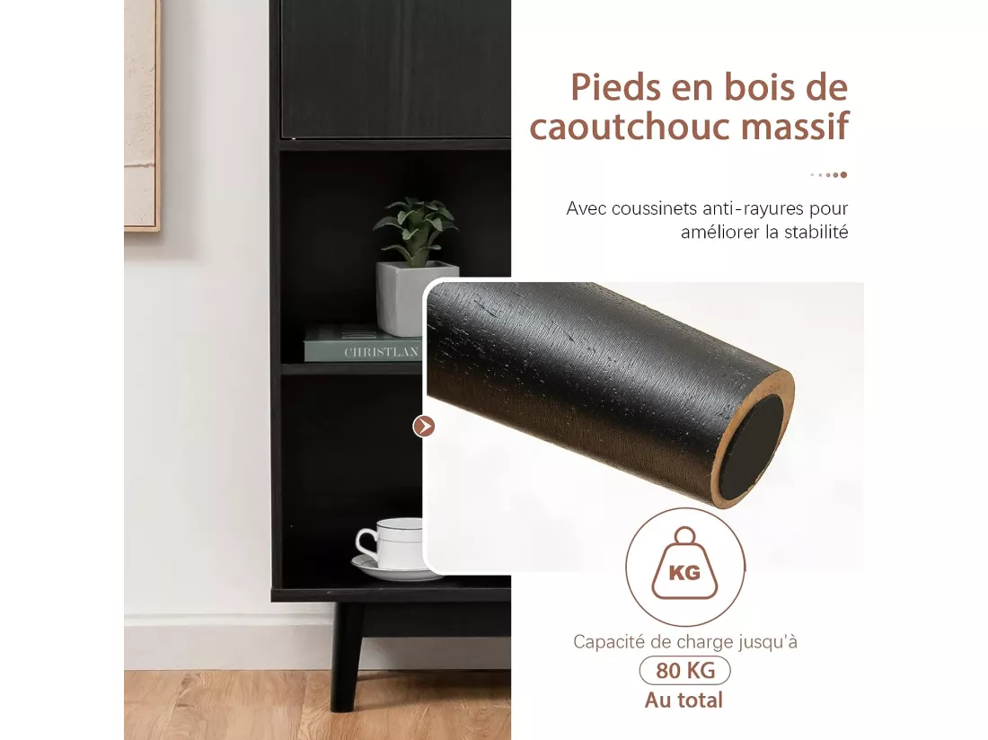 Bibliothèque, étagère à 4 niveaux avec 2 portes, meuble de rangement avec patins anti