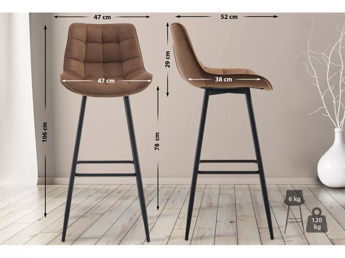 Lot de 2 Tabouret de bar - Velours & Métal noir mat - Marron - Dartford