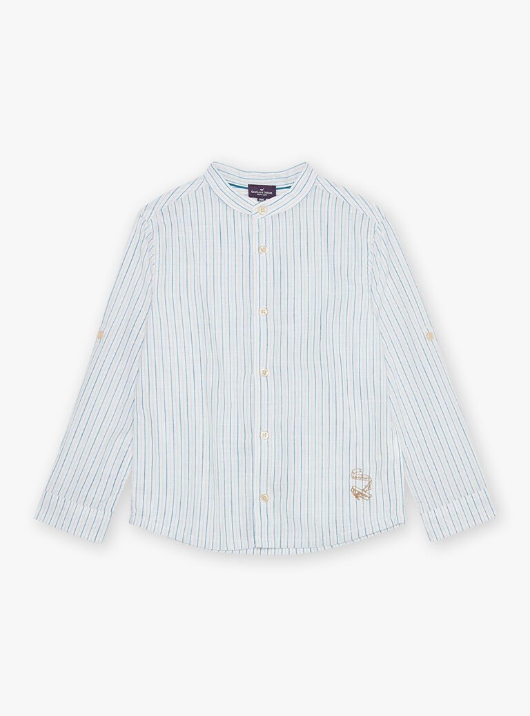 Chemise à rayures bleu, beige et blanc