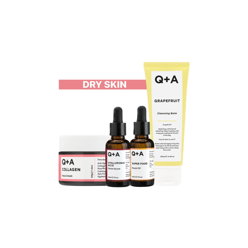 Q+A Dry Skin - Reinigingsbalsem 1x 125 ml & Gezichtsserum 1x 30 ml & Gezichtsolie 1x 30 ml & Dagcrème 1x 50 gr - Pakket