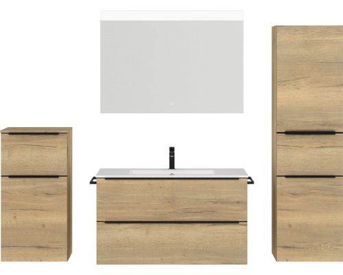 Badkamermeubelset NOBILIA Programma 1 BxHxD 210 x 169,1 x 48,7 cm, frontkleur eiken naturel, met witte wastafelkast en spiegel met LED-verlichting, halfhoge kast, onderkast, greeplijst zwart 111
