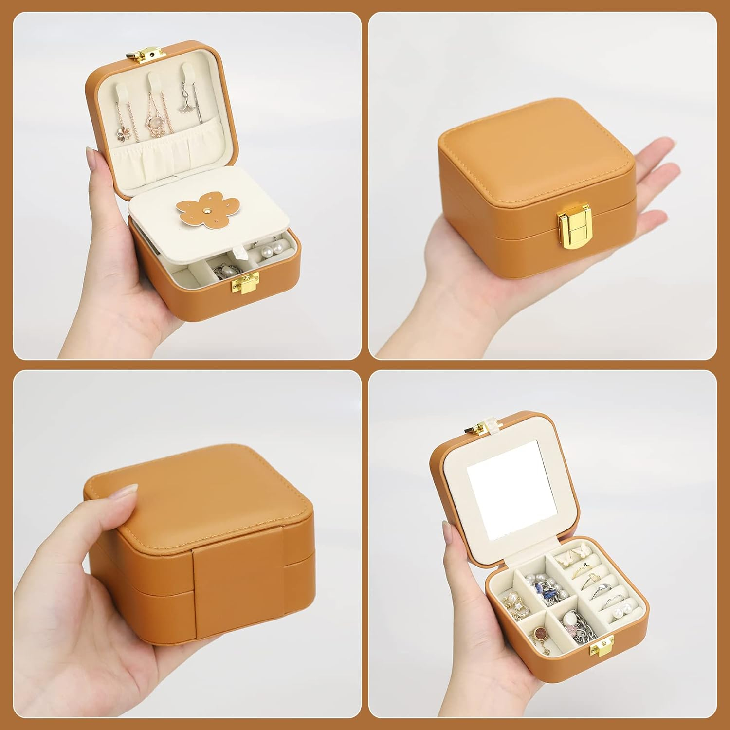 (10x10x5cm) Leder Schmuckschatulle Reise Aufbewahrungsbox Organizer mit Spiegel für Ringe / Ohrringe / Armbänder - Braun