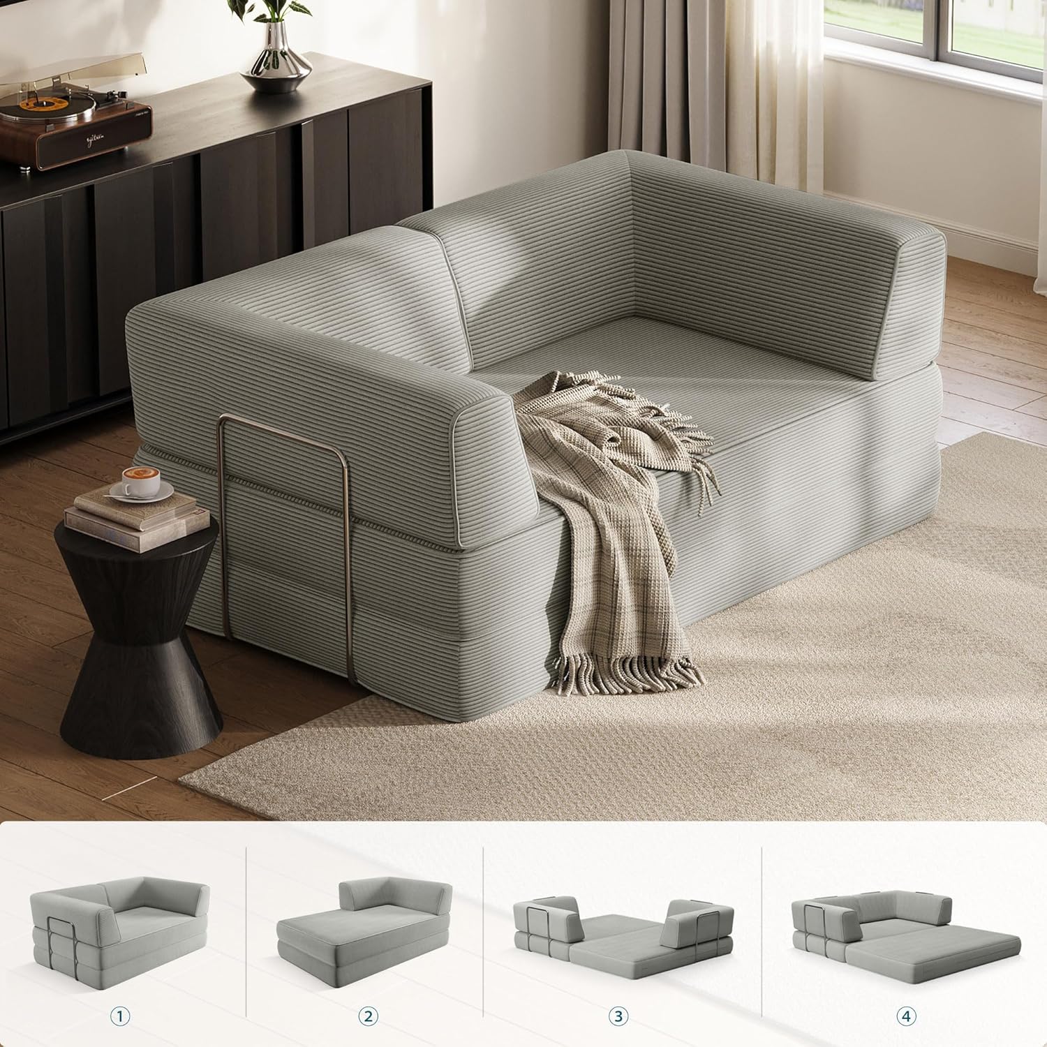 LINSY HOME Schlafsofa - Bodensofa Bed mit Pillow Back Support Armrest - Schlafsofa Klappbar 160 cm Breit- Compressed Sofa in Box - Cord Stoff für Wohnzimmer Schlafzimmer