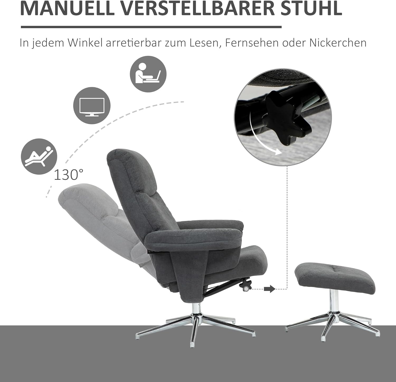 HOMCOM Relaxsessel mit Hocker, Fernsehsessel mit Liegefunktion Polstersessel für Wohnzimmer, Schlafzimmer, Samt, Dunkelgrau