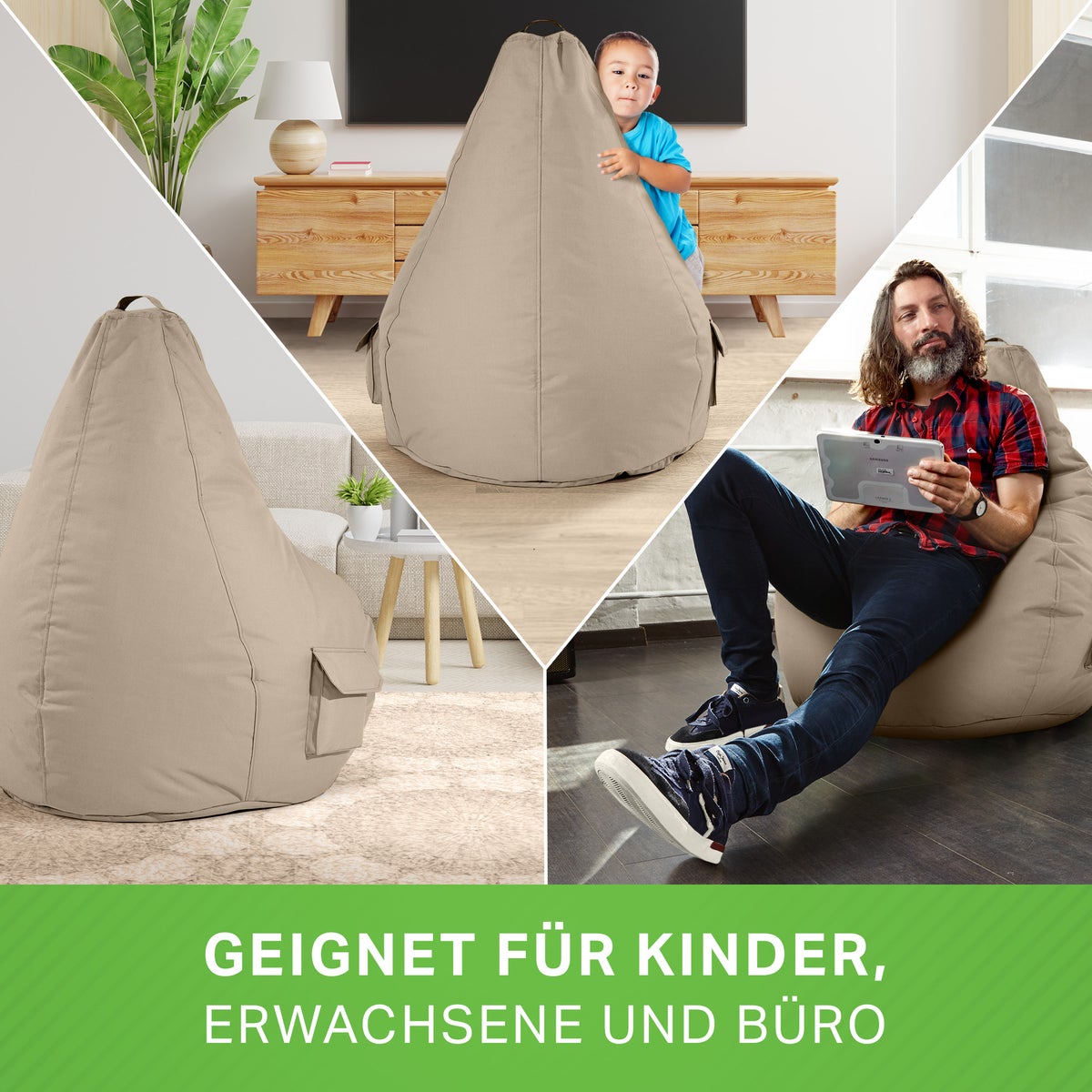 Green Bean Zitzak met rugleuning 80x70x90cm - Gaming stoel met 230L vulling, comfortabel, zacht, wasbaar - Zitzak vloerkussen, loungestoel, voetenbank, relaxstoel, gamerstoel, taupe
