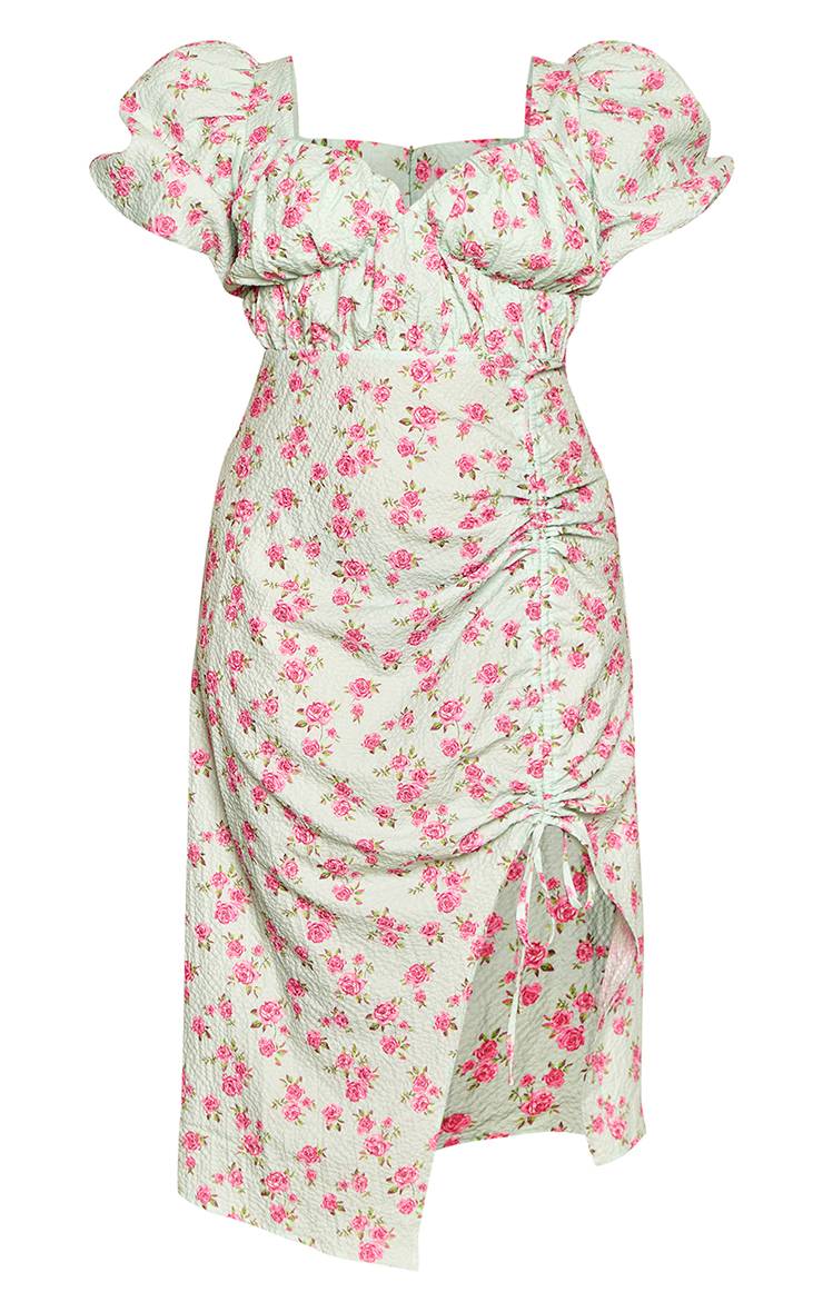 Vert Menthe Robe Midi Grande Taille À Manches Bouffantes, Détails Froncés Et Fente Latérale À Motif Floral