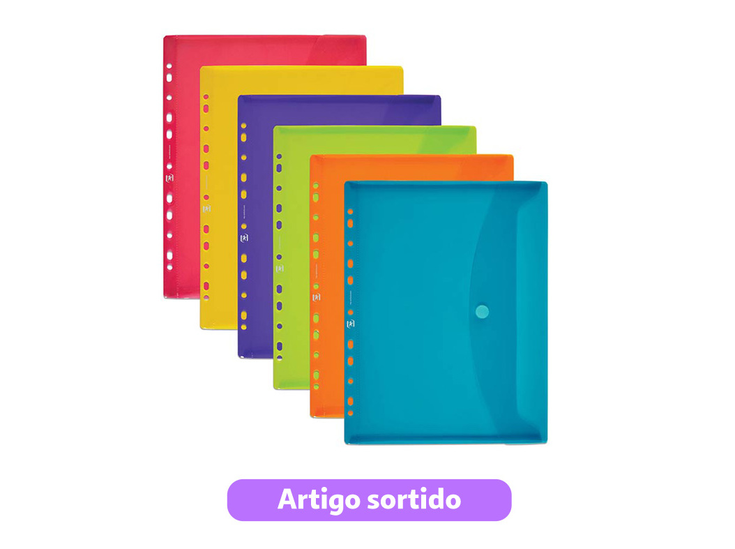 ENVELOPE PLÁSTICO A4 OXFORD COM FURAÇÃO E VELCRO A4 CORES SORTIDAS