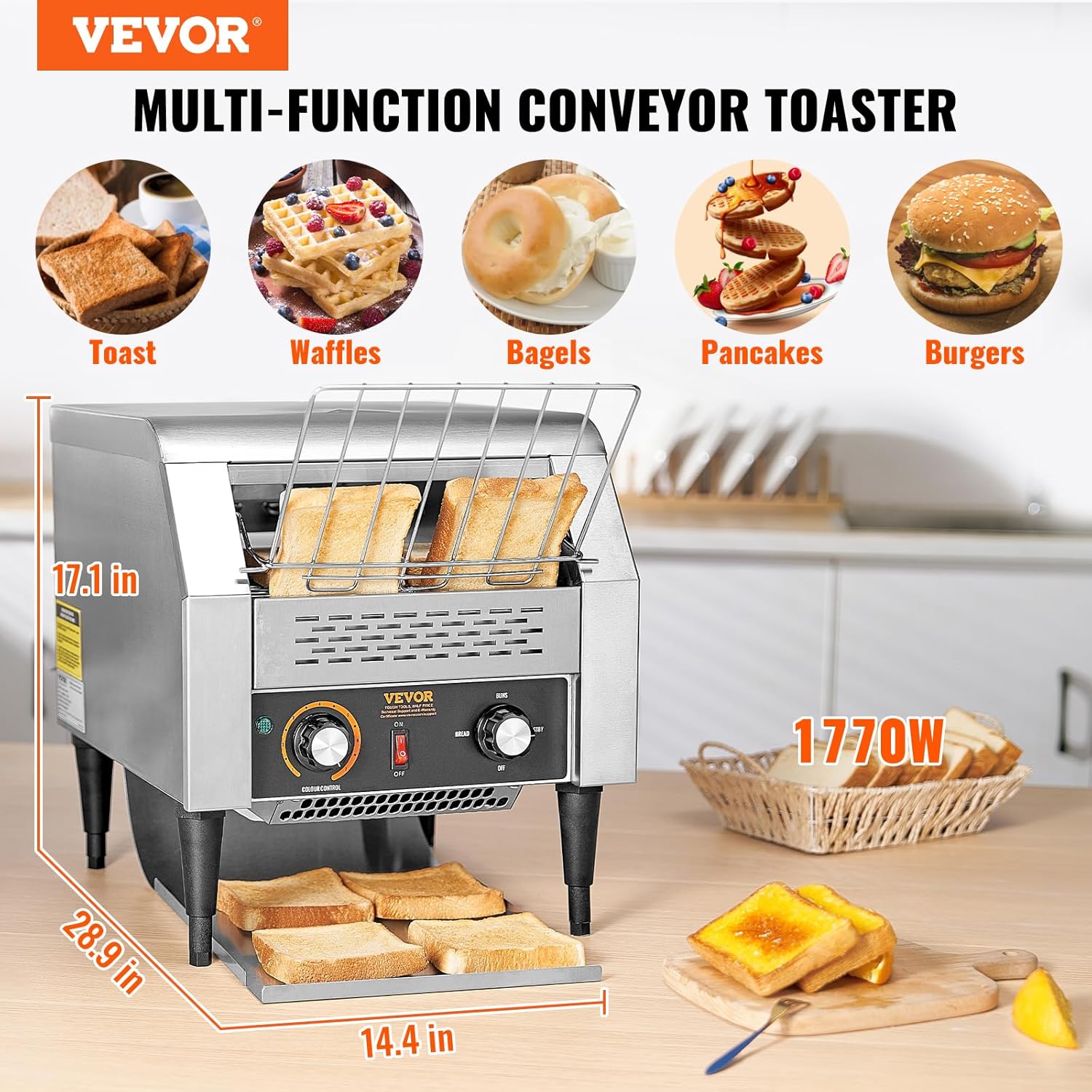 VEVOR Grille-Pain à Convoyeur Commercial 300 Tranche par Heure Toaster Grille Pain Inox 2200 W 7 Réglages de Vitesses avec Ramasse-Miettes pour Petit Pain Bagel Hamburger Boulangerie Restaurant Hôtel