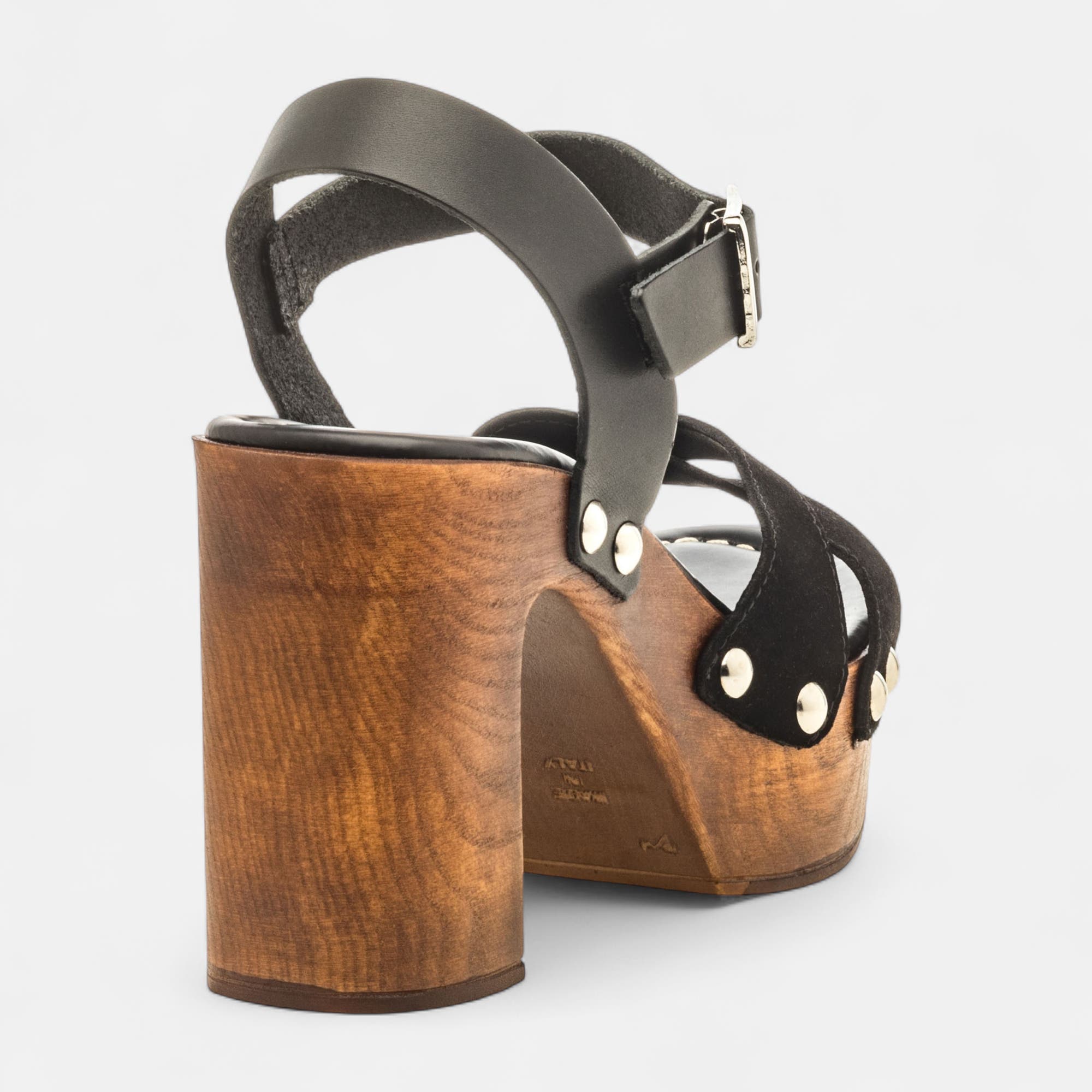 Chaussures semelle bois à talon Femme en cuir noir