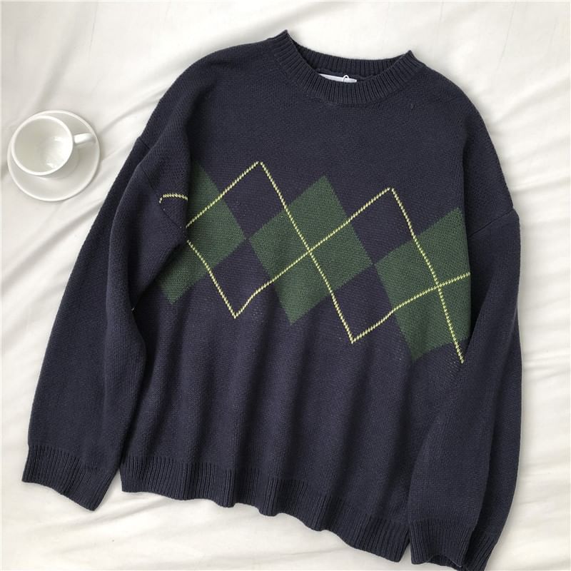 Sensarra - Argyle Oversized Trui met Ronde Hals
