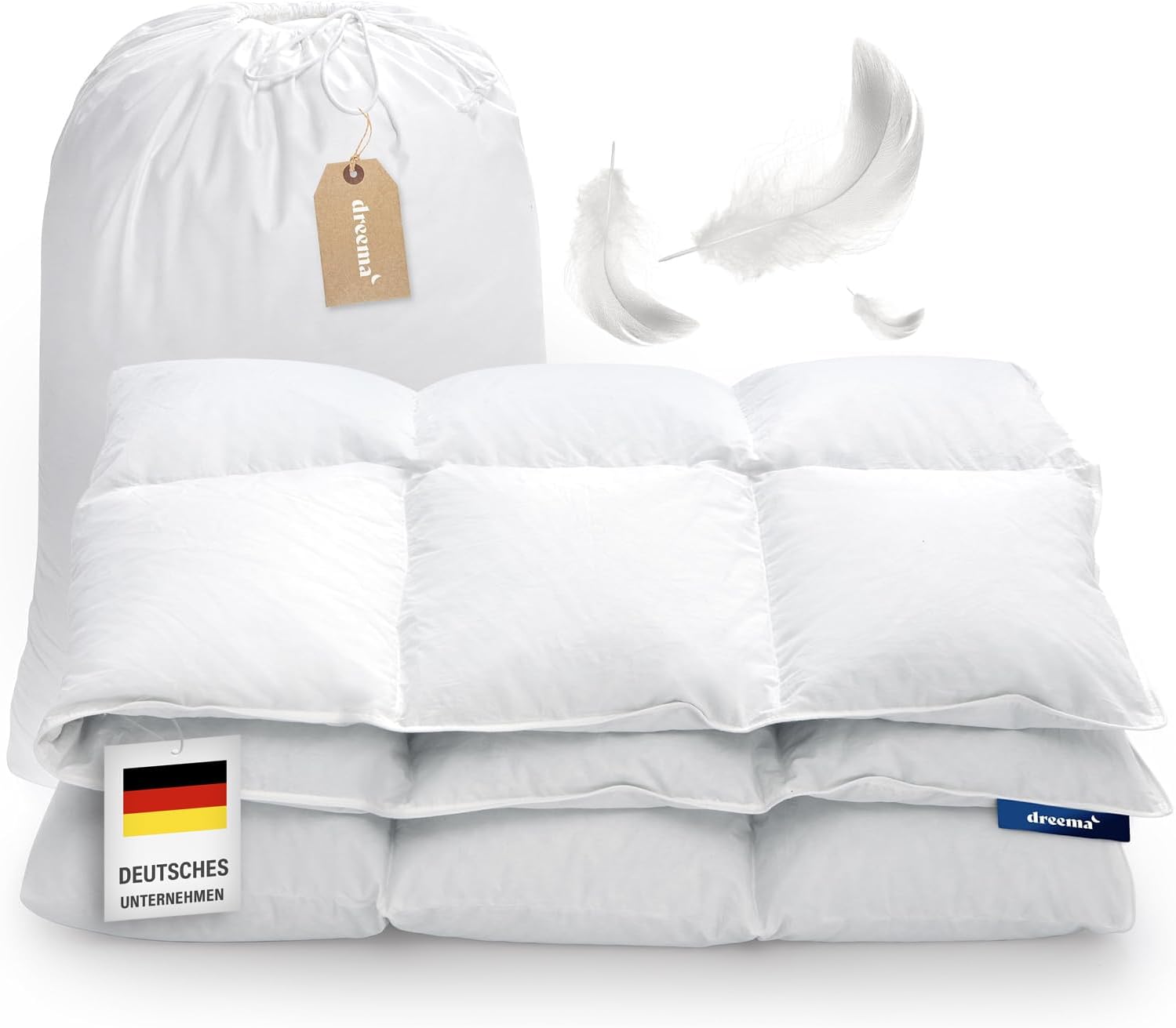 DREEMA Bettdecke 200x200 Daunendecke Warm | Extraweiche Daunenfüllung | in Deutschland gefertigt | 100% nachhaltig mit Oeko-TEX & Nomite | Allergiker geeignet | Soft-Touch Baumwollbezug