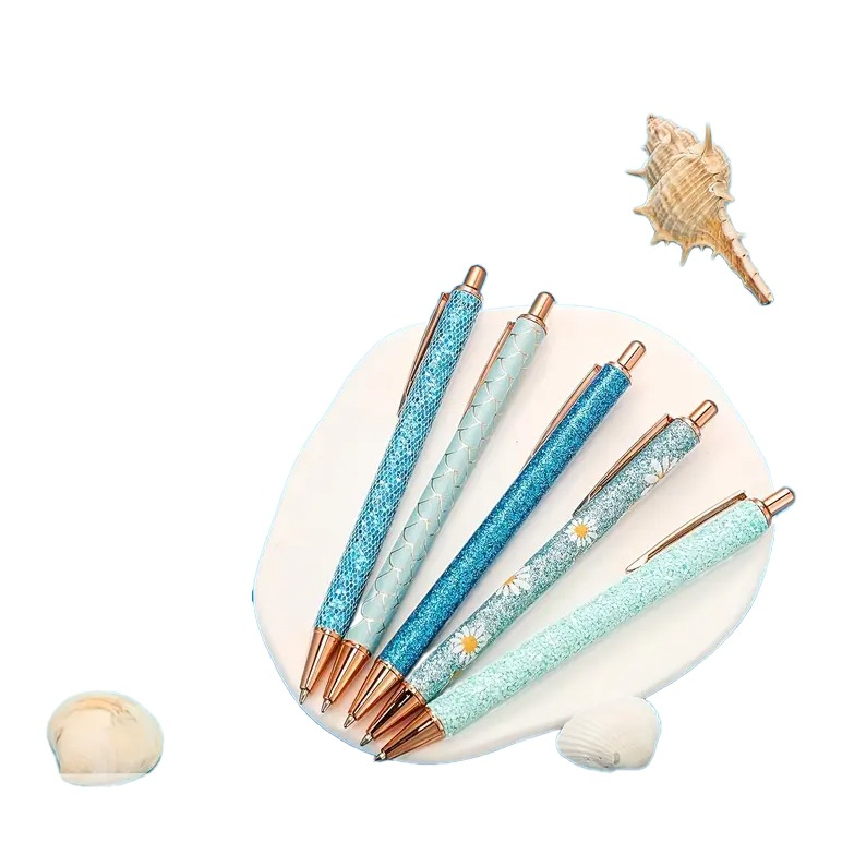 (7er Set) Metall Kugelschreiber Glitzer Stift Shiny Ballpoint Kuli - Blau