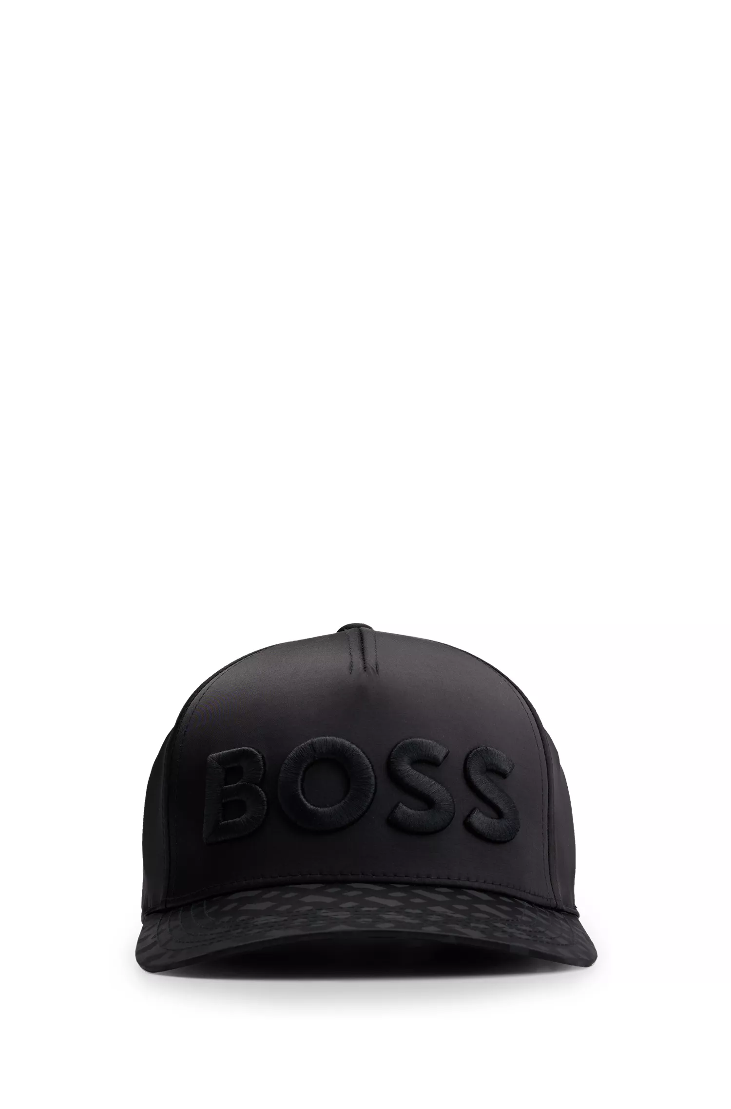 Boné BOSS preto com logotipo bordado em cetim e monograma em jacquard.